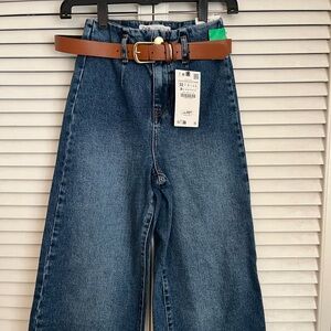 ZARA high rise cropped wide leg jeans with belt size 0